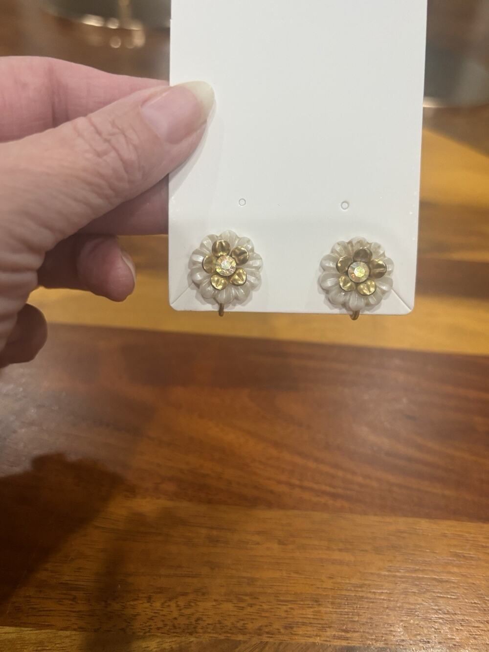 Vintage Retro MCM Gold Tone White Flower Clip-On Earrings Iridescent Crystal